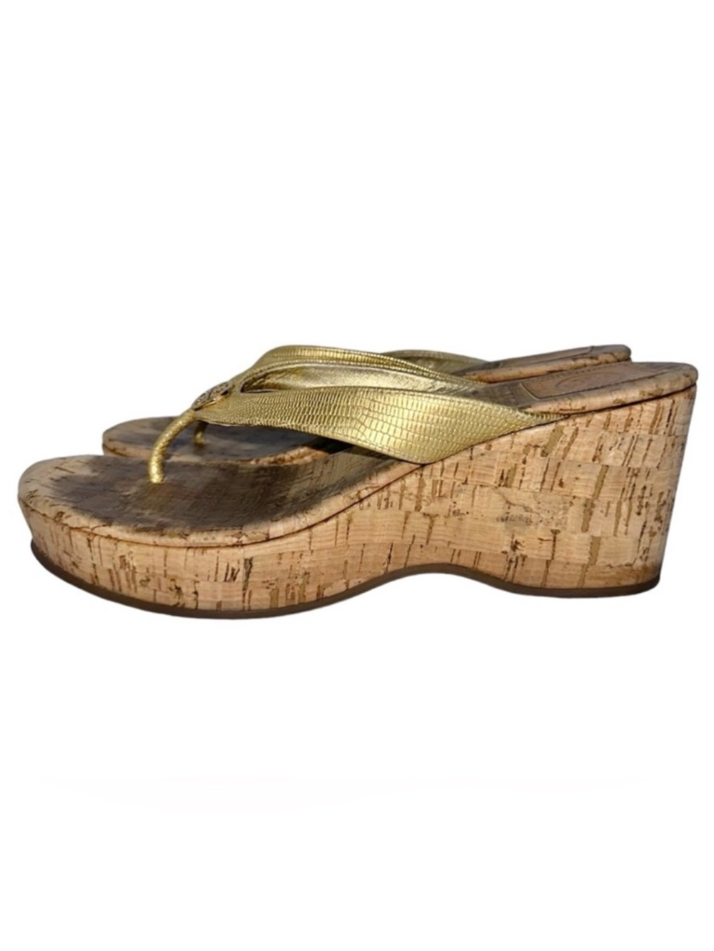 TORY BURCH Women’s Cork 3” Platform Heel Gold Thong Sandals- Size 9.5